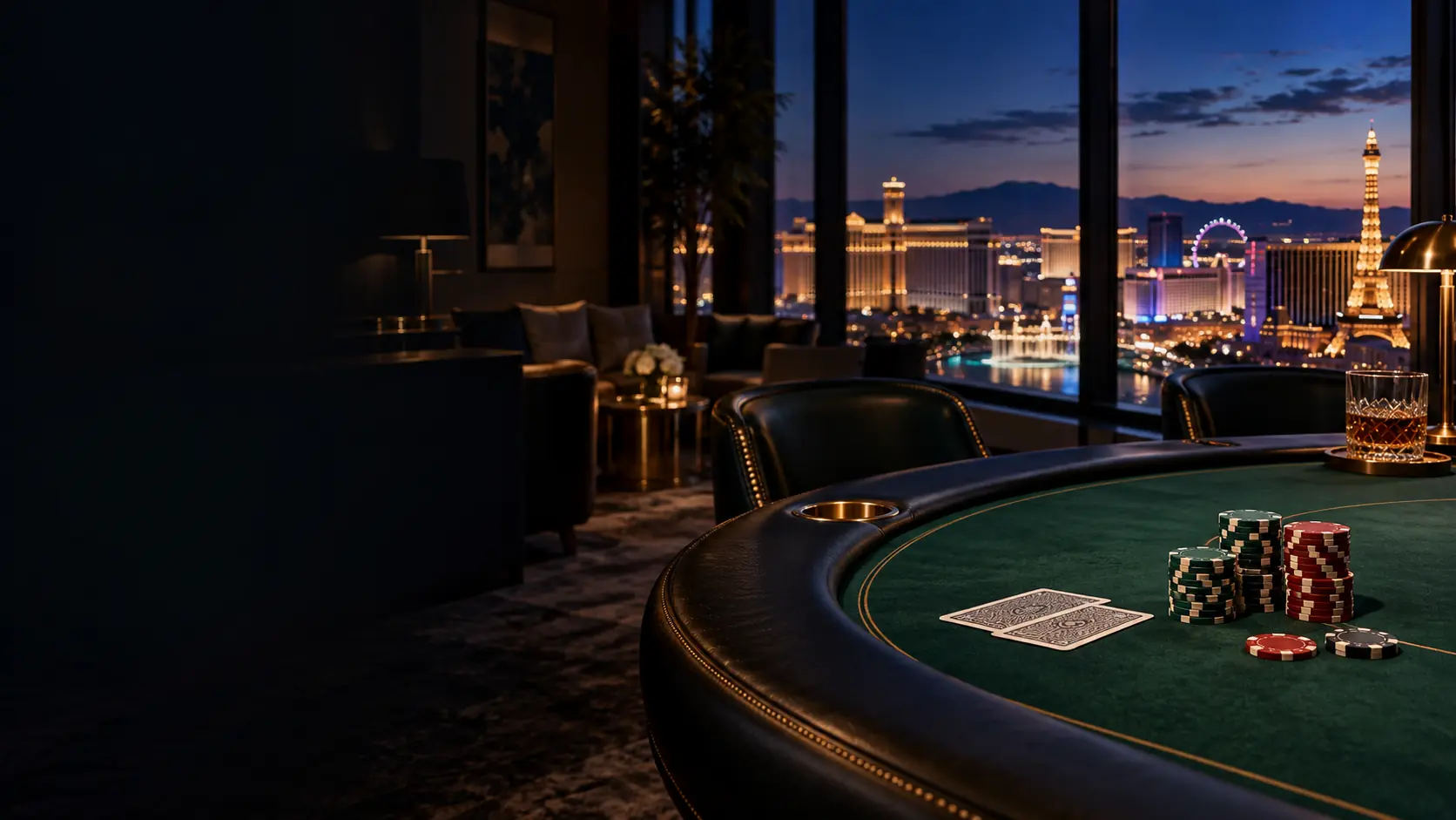 Private poker table overlooking the Las Vegas Strip at blue hour